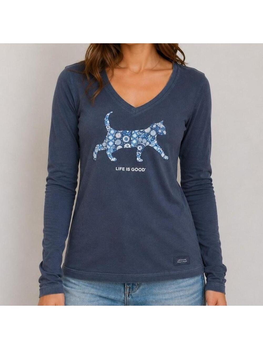 Life Is Good Crusher Tee Cat Graphic Long Sleeve V-Neck Shirt Size M